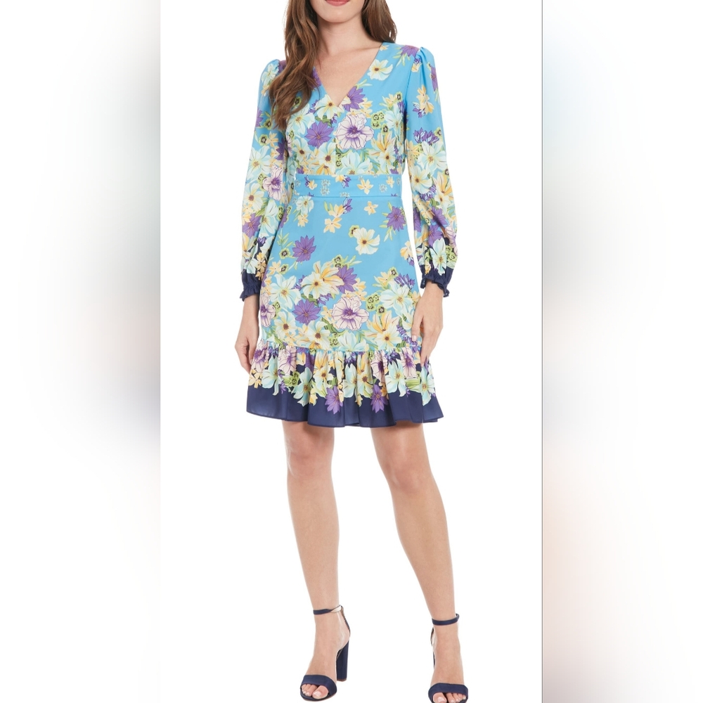 London Times Blue Floral V-Neck Dress